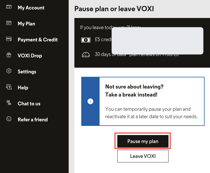 VOXI 暂停套餐入口